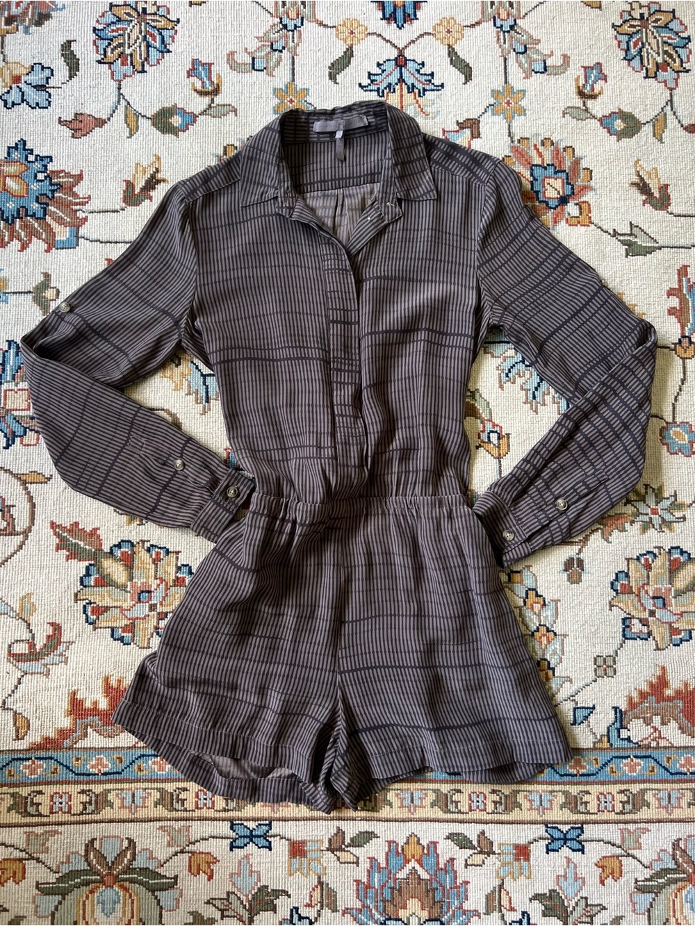 100% Silk Striped Long-Sleeve Romper in Brown and Black size small